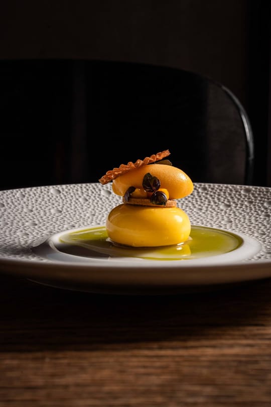 Dessert met sorbet en olijfolie